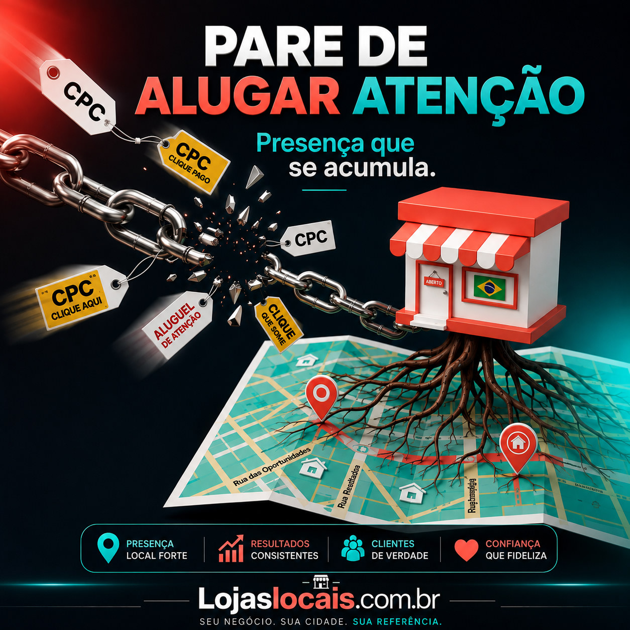 Pare de alugar atenção — presença que se acumula no LojasLocais